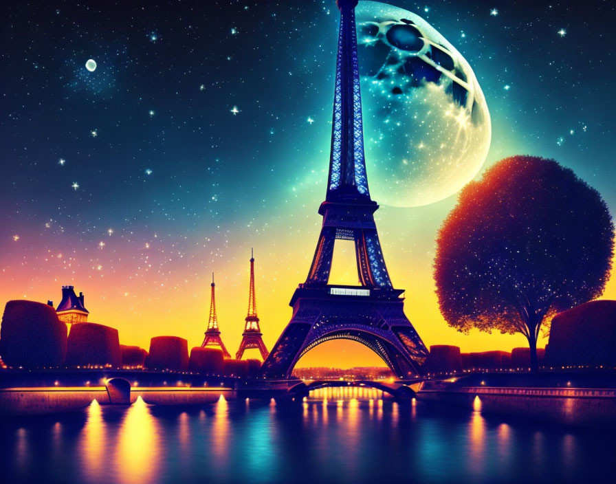 Surreal artwork: Eiffel Tower, moon, planet ring, starry sky, warm