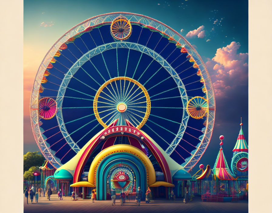 Vibrant Ferris Wheel and Fairground Structures at Dusk