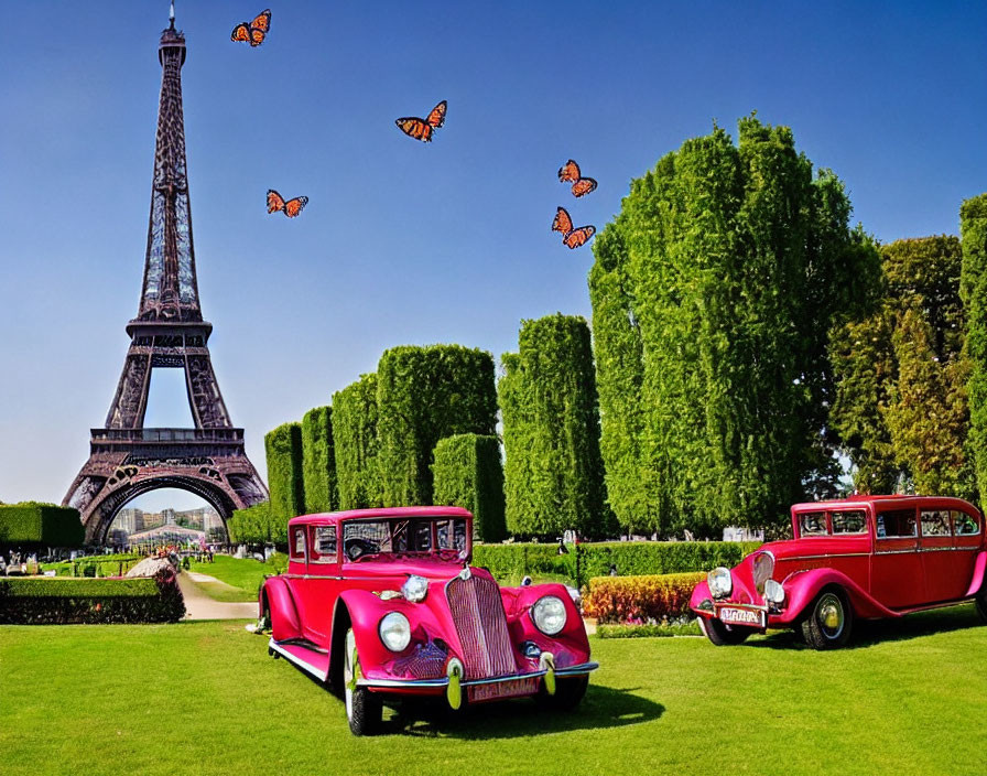 Red vintage cars on green lawn with Eiffel Tower and butterflies in sunny sky