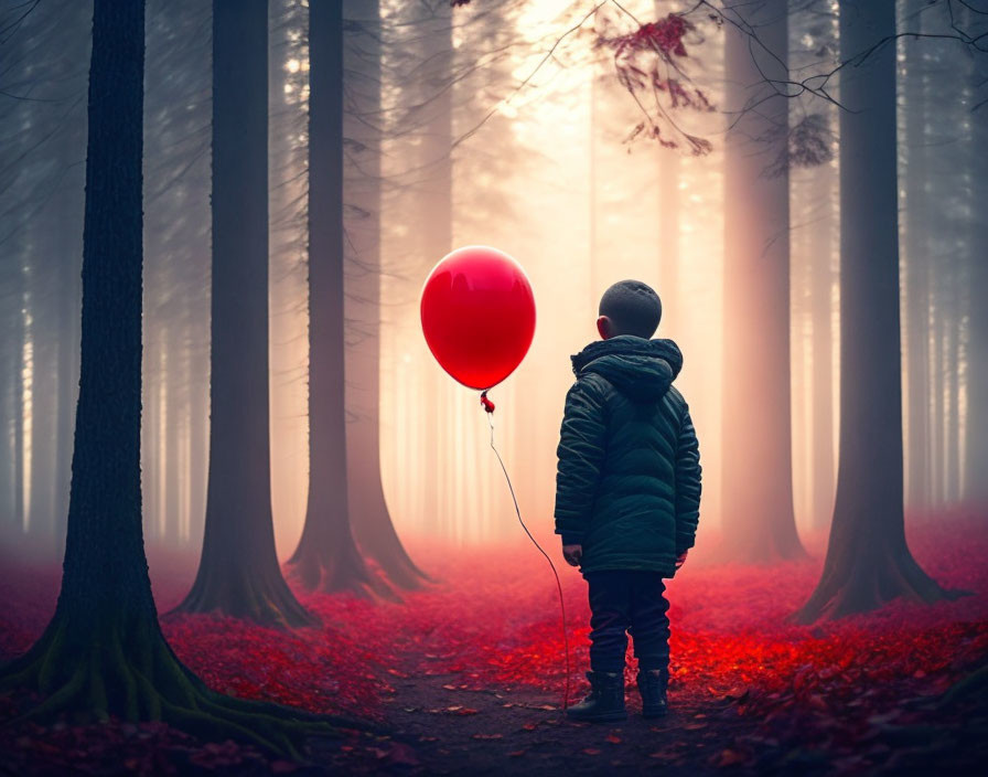 Child in misty forest with red balloon and trees evoking wonder