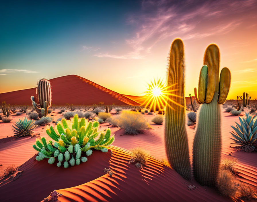 Desert sunset landscape with cacti, sand dunes, and starburst sun