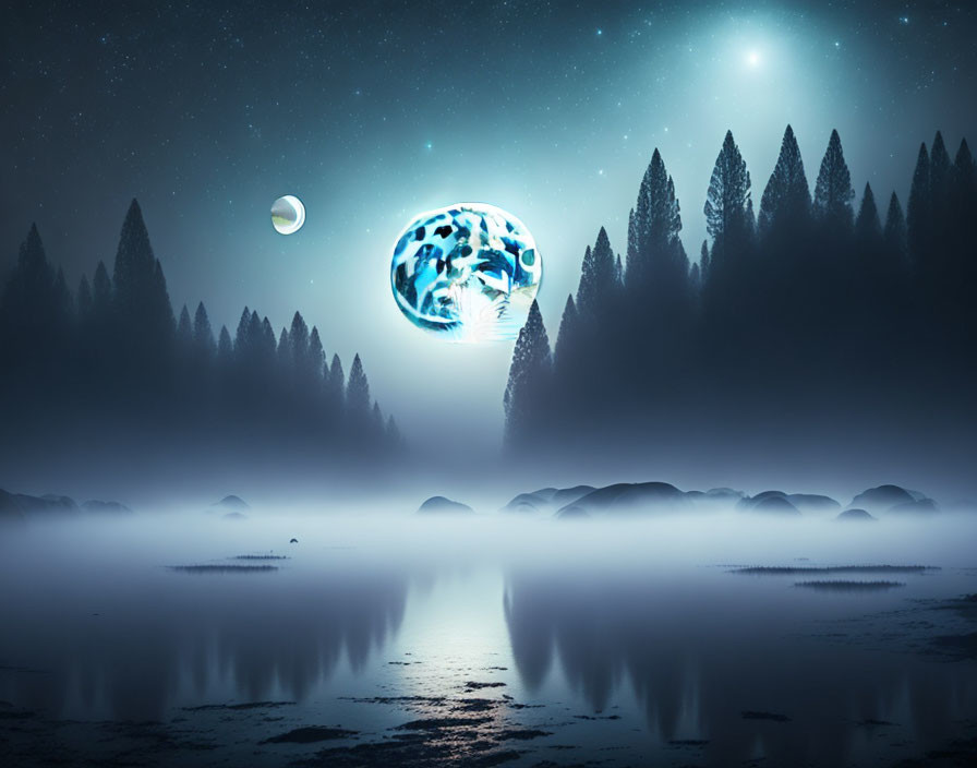 Enchanted nightscape with oversized moon, planet, starlit sky, fog, trees, and