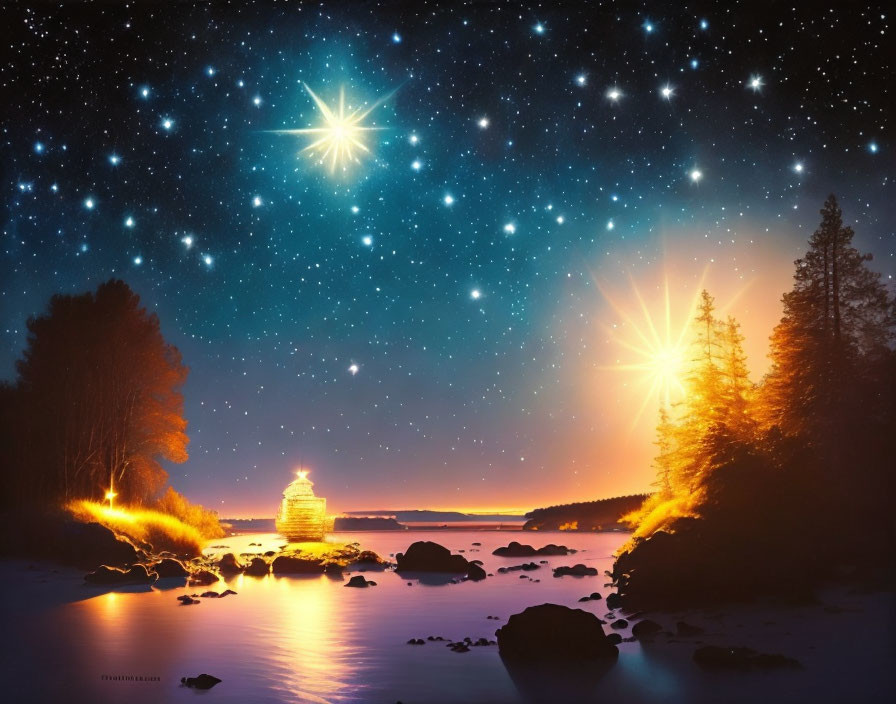 Nighttime lake scene with starry sky, pine trees, and rocky shore