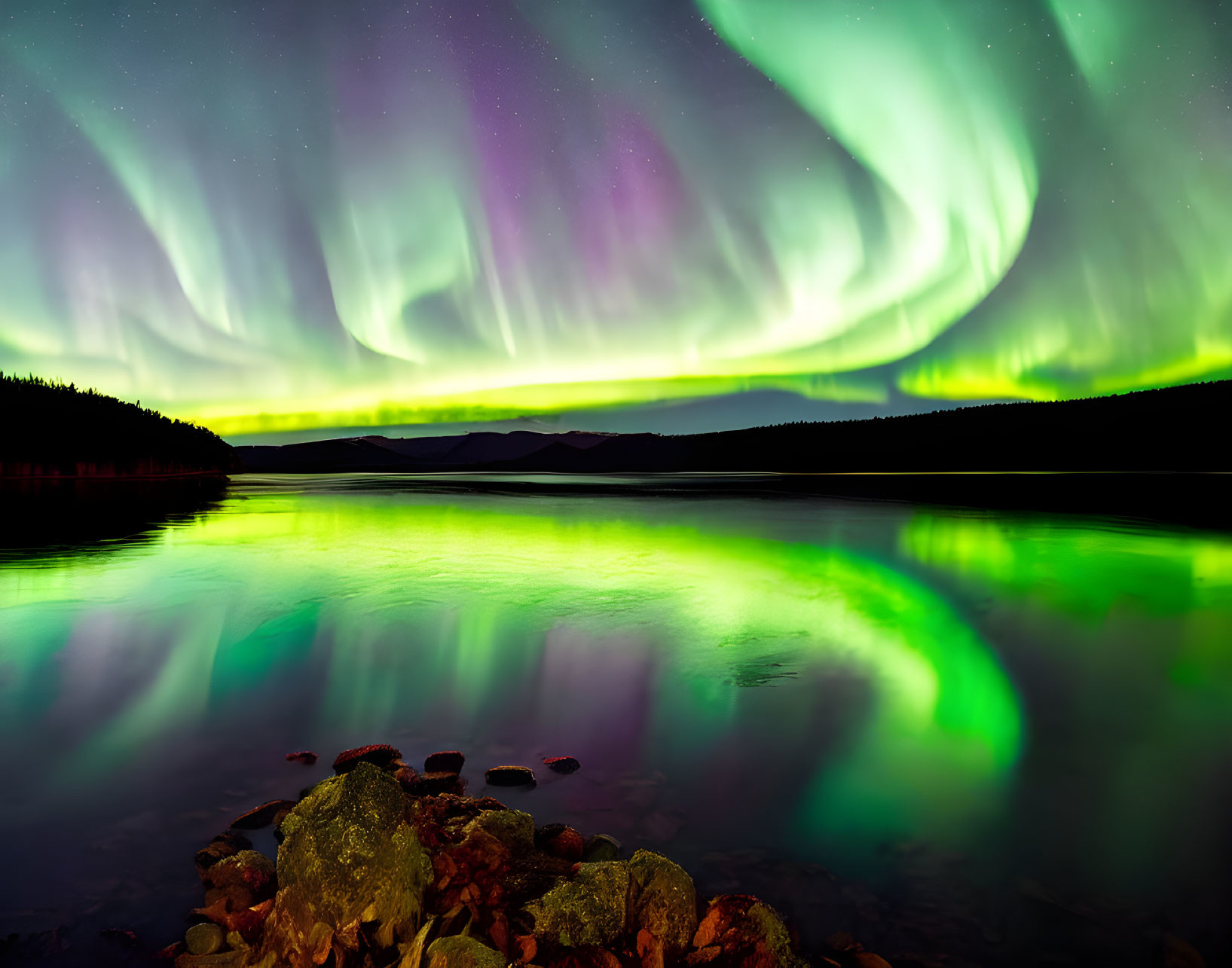 Colorful Northern Lights above serene lake with reflections, stone shore, hills, and starlit sky