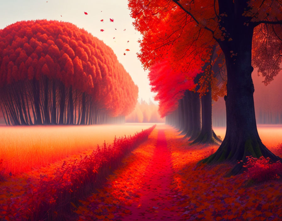 Tranquil autumn pathway with mist and colorful trees