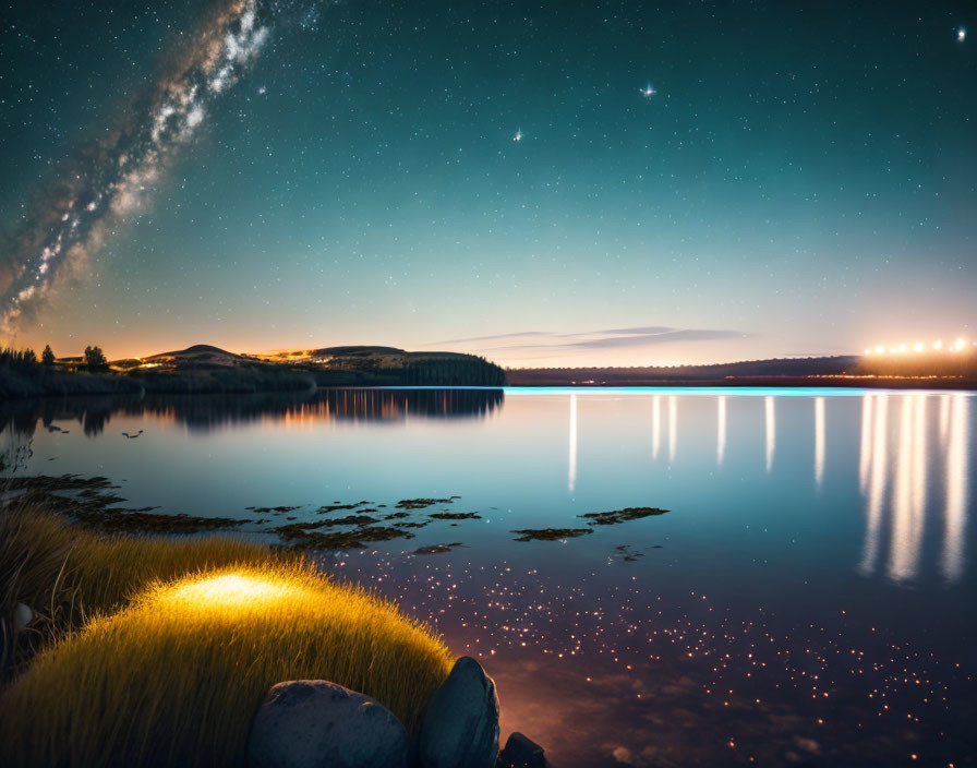 Tranquil night landscape with luminous Milky Way, calm lake, glowing grass, and starry