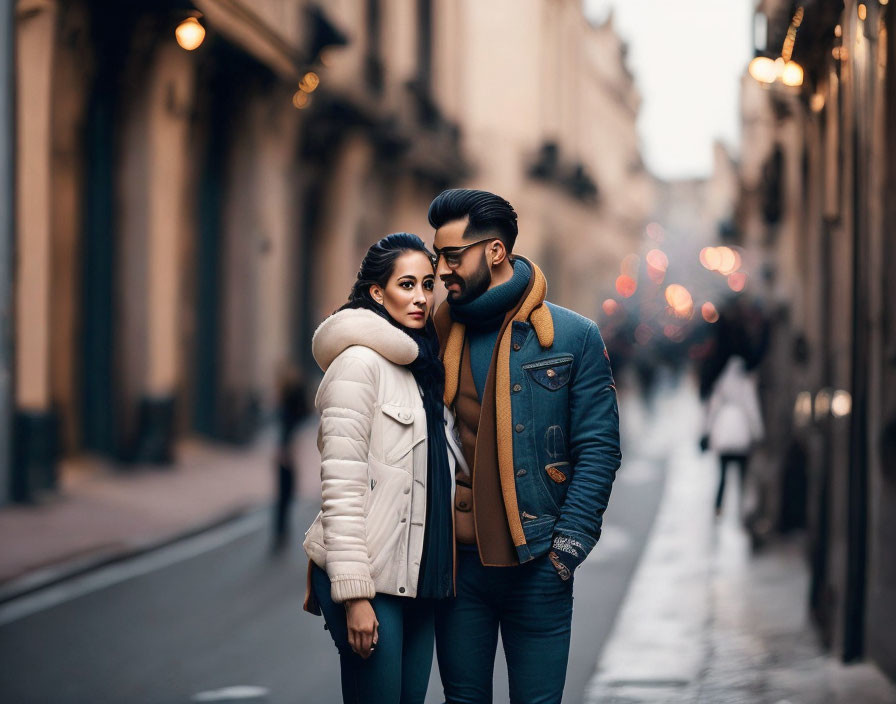 Couple in cozy winter attire sharing loving gaze on city street