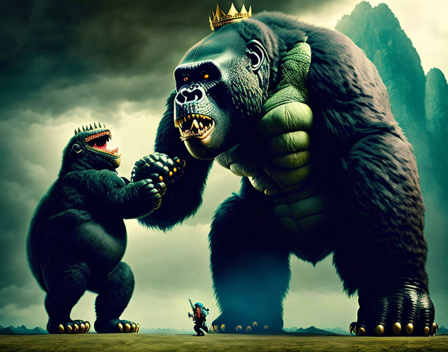 Giant gorillas with crown face off in dramatic landscape