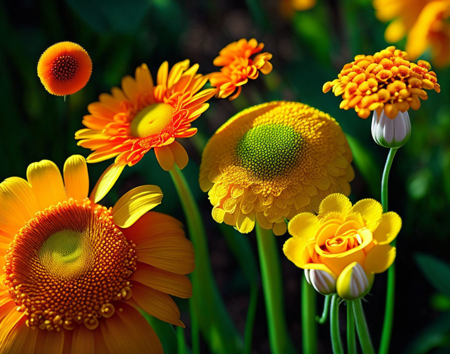 Colorful orange and yellow flowers with intricate patterns and green centers on soft-focus green backdrop