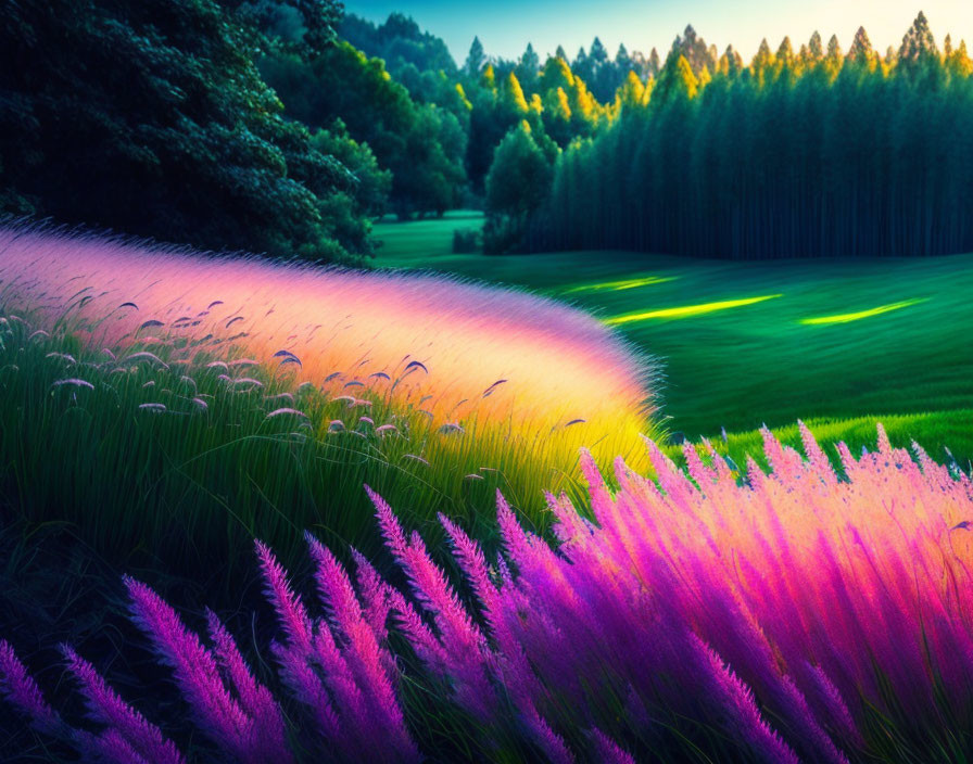 Scenic landscape: vibrant wildflowers, green field, and forest at sunset