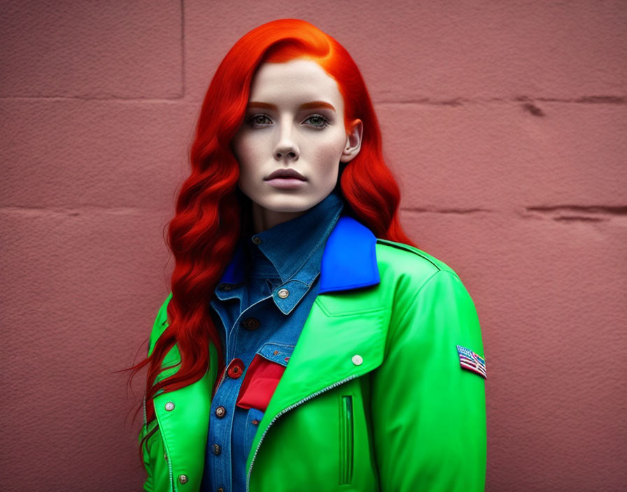 Vibrant woman with red hair in green jacket against pink wall