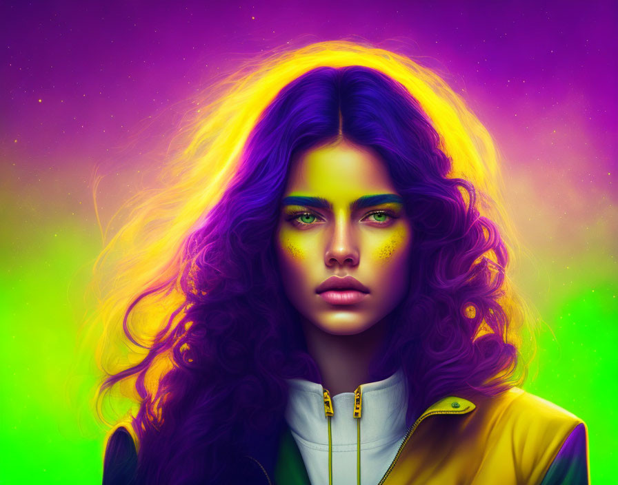 Vibrant hair woman in surreal cosmic digital art