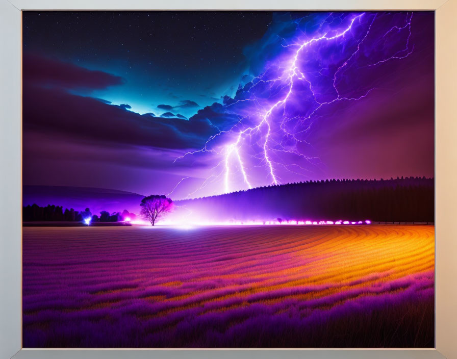 Purple and Yellow Lightning Storm Over Field and Starry Night Sky