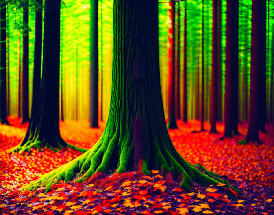 Colorful forest scene with prominent tree trunk and red leaves under surreal light