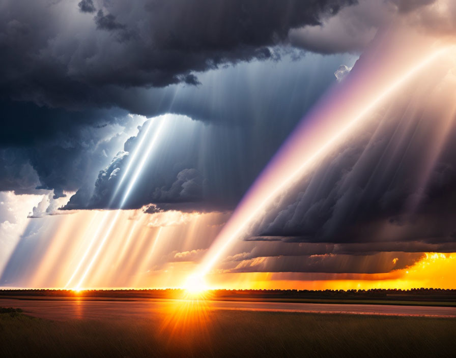 Dramatic sunset with crepuscular rays piercing through cloudy sky