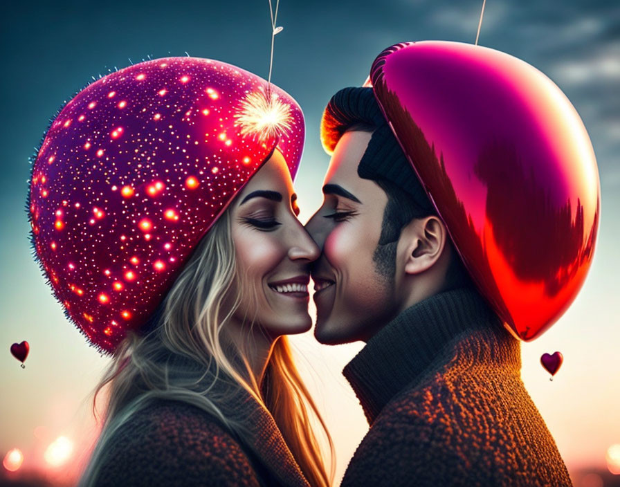 Couple with Heart-Shaped Galaxy Balloons at Twilight