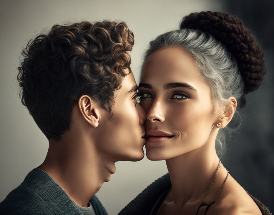 Man and woman with intimate facial expressions, noses touching, about to kiss in romantic setting.