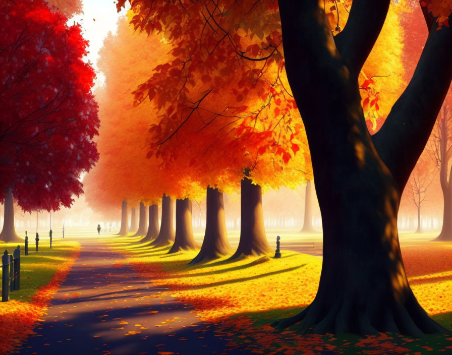 Tranquil autumn park with vibrant foliage and sunlight