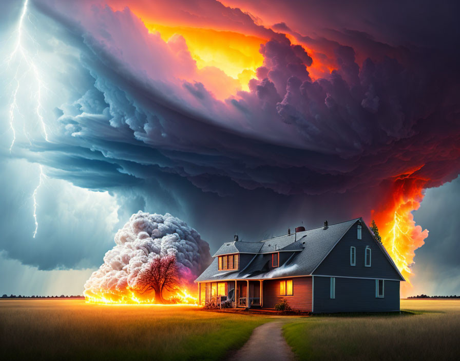 Stormy Sky over House with Lightning and Fire