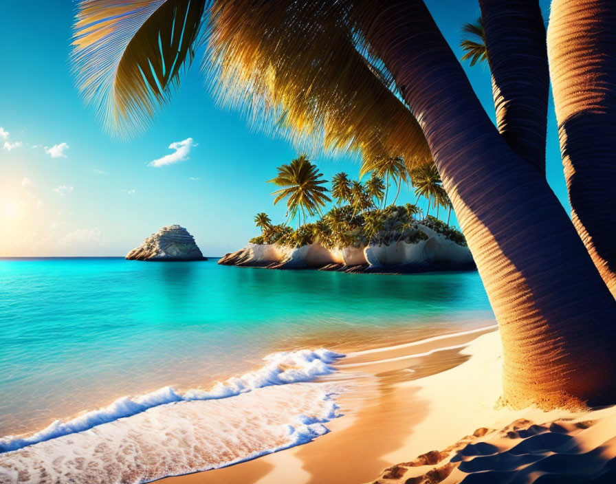 Sunset tropical beach with palm trees, blue water, white sand, small island