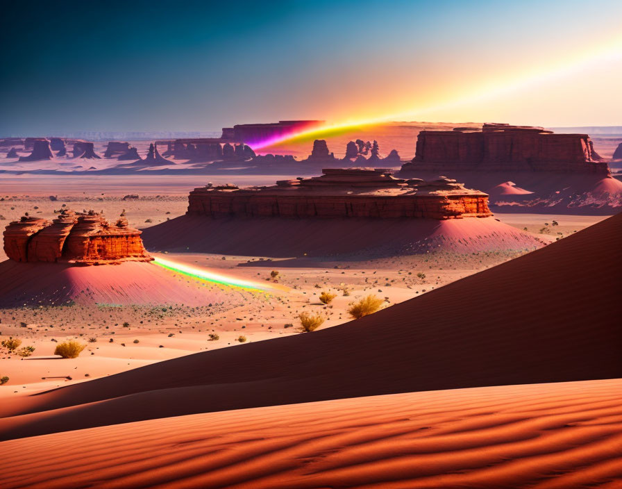 Desert sunset with rock formations and sand dunes.