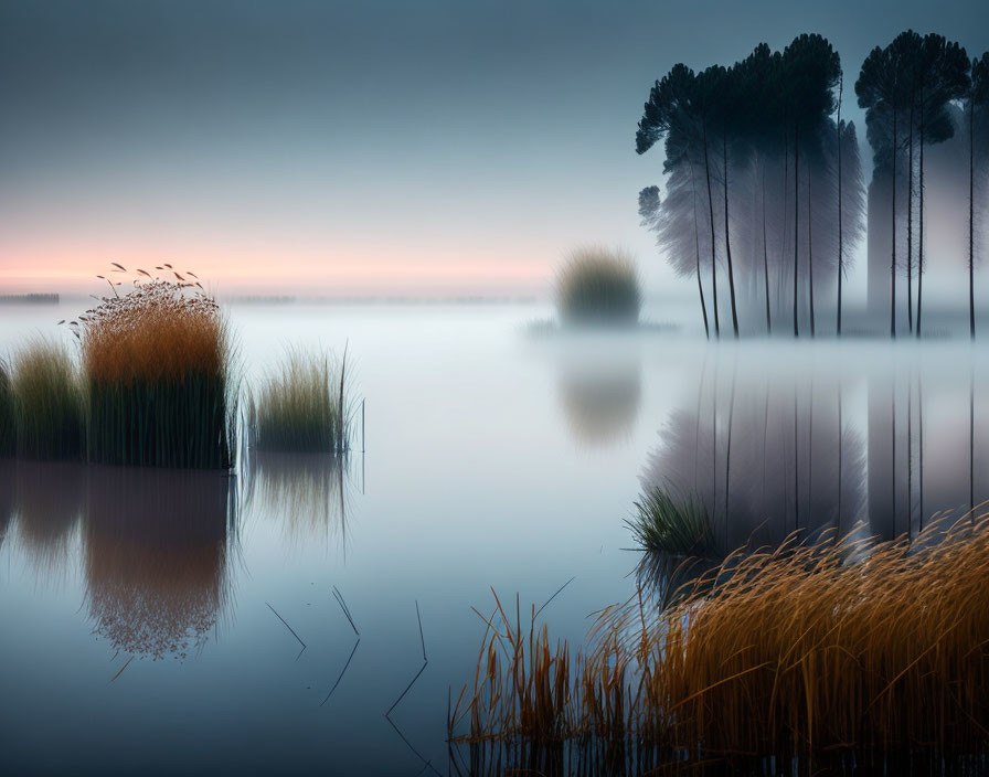 Tranquil twilight landscape with trees and reeds reflected on still water