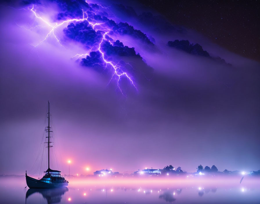 Sailboat on Misty Lake under Starry Night Sky with Purple Lightning