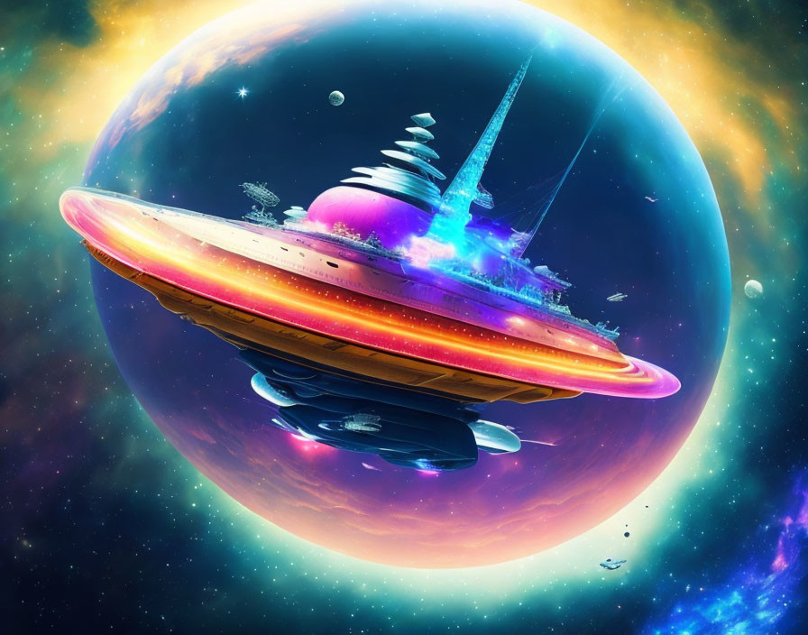 Futuristic spaceship flying past planet and moons in vibrant sci-fi scene