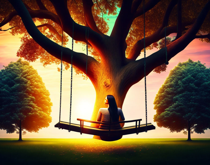 Person on Large Tree Swing at Sunset with Colorful Trees