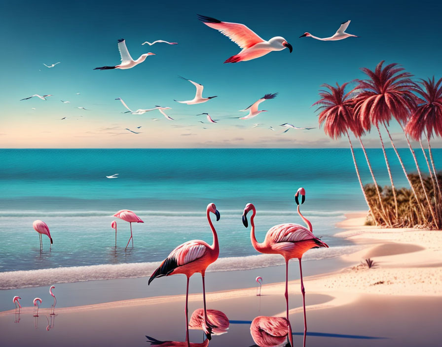 Tranquil beach scene with flamingos, palm trees, and seagulls