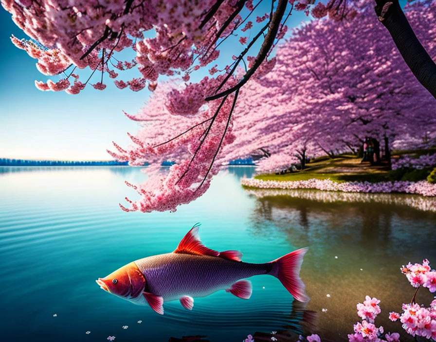 Colorful fish over serene lake with cherry blossom trees and blue sky