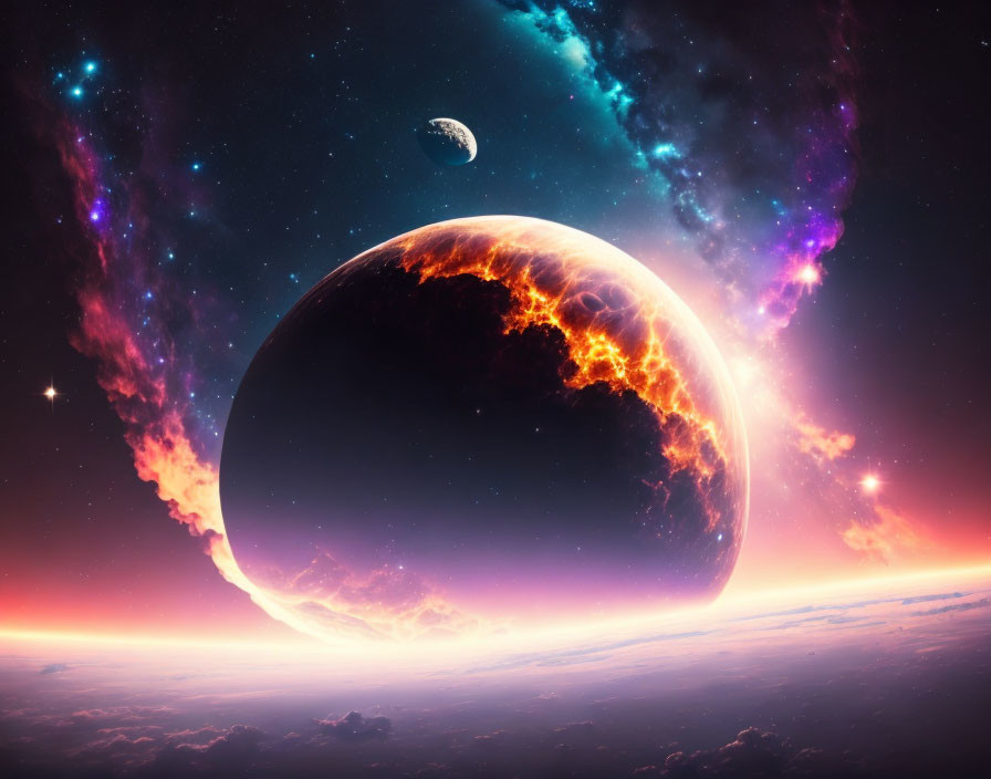 Colorful cosmic scene: large planet, fiery atmosphere, moon, stars, nebulae in twilight