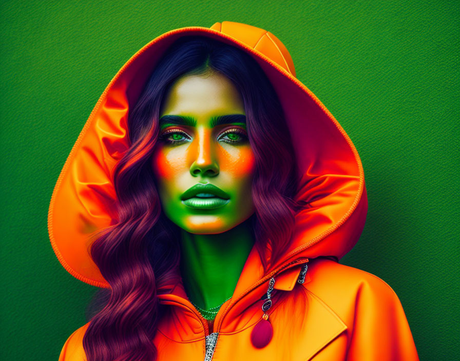 Striking Green Eye Makeup and Lipstick on Woman in Orange Hoodie