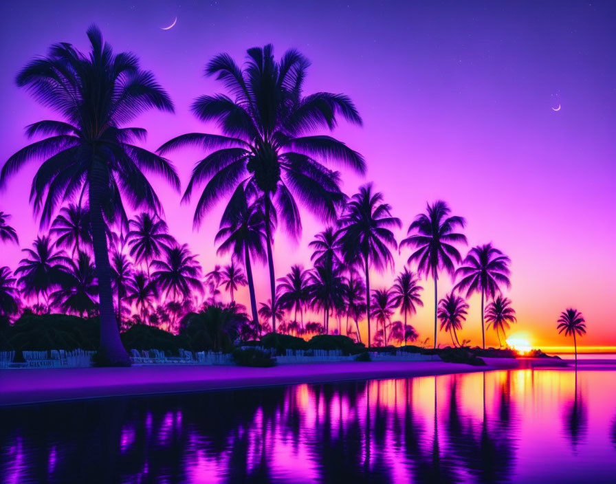 Sunset Tropical Beach: Silhouetted Palm Trees, Purple Sky, Stars, Calm Water