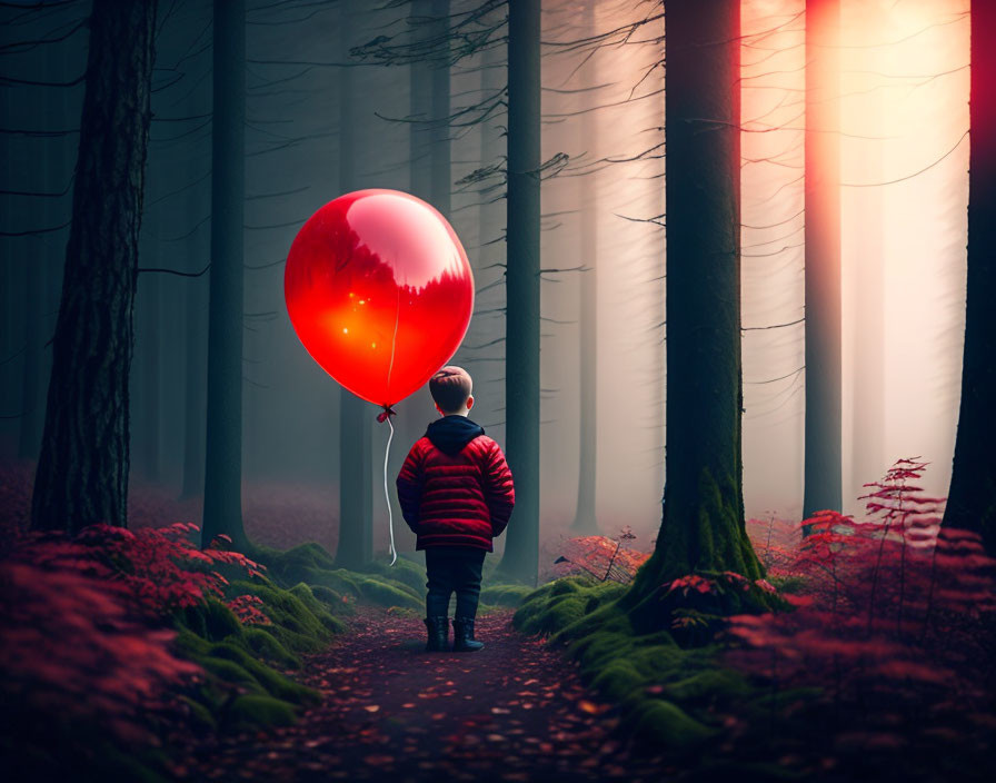 Child in red jacket with red balloon in misty forest with sunbeams.