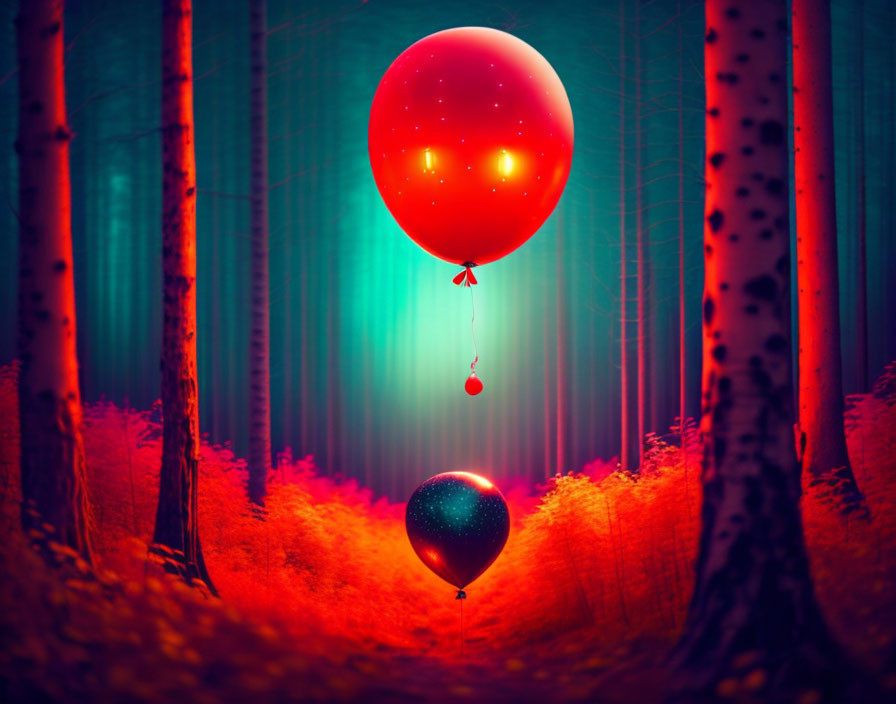 Red heart balloon floats over dark balloon in mystical forest