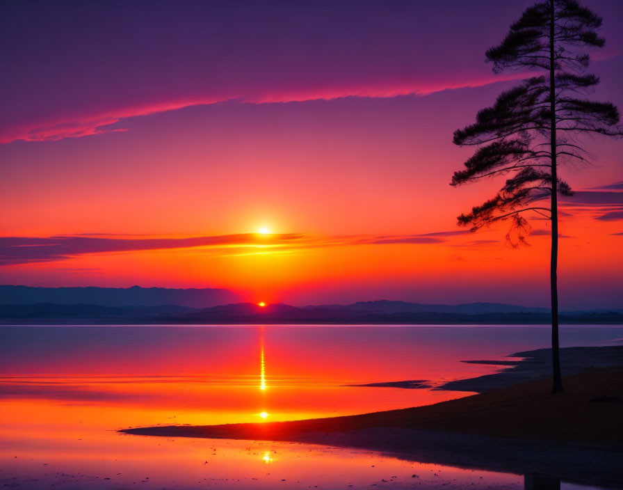 Scenic sunset over calm lake with lone tree silhouette