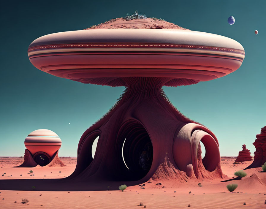 Alien desert landscape with futuristic mushroom structures