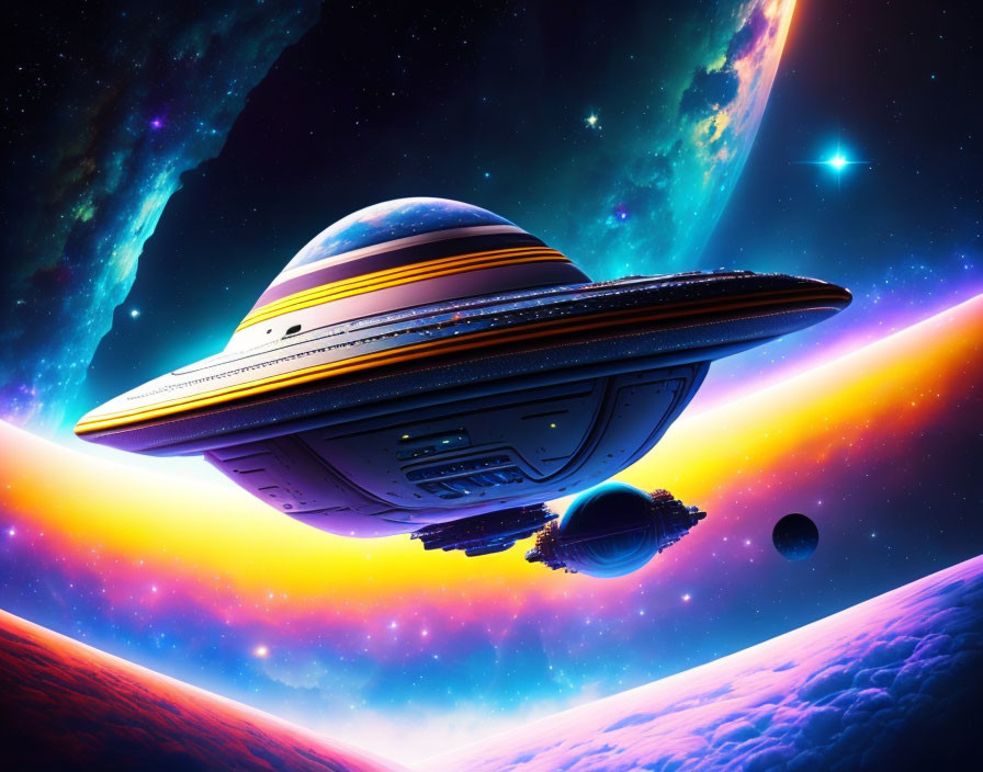 Colorful Space Scene: Detailed Saturn-like Spaceship with Rings in Celestial Landscape