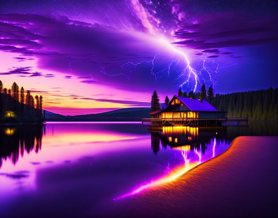 Vibrant night scene with cabin by calm lake under purple sky.