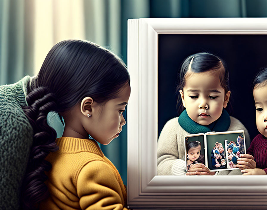 Digital artwork featuring recursive visual concept with girl holding framed photo containing smaller iterations.