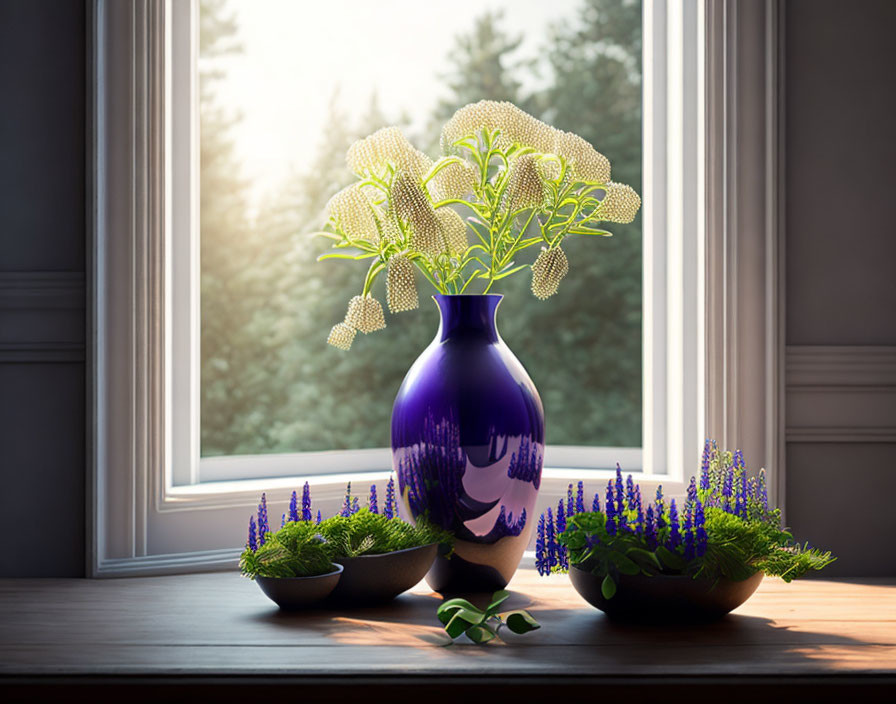 Purple vase with white patterns and yellow flowers on window sill, sunlight, lavender bowls, trees in background