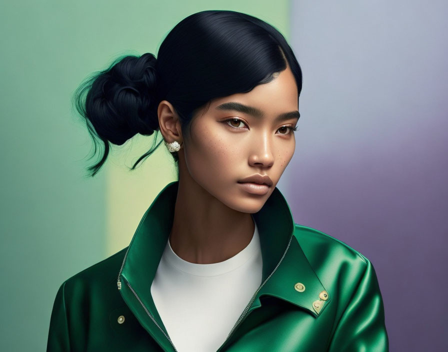 Digital portrait of woman with black hair in bun, white top, green jacket, pastel background