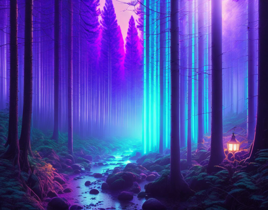 Mystical forest with purple and blue lighting, fog, stream, rocks, lantern