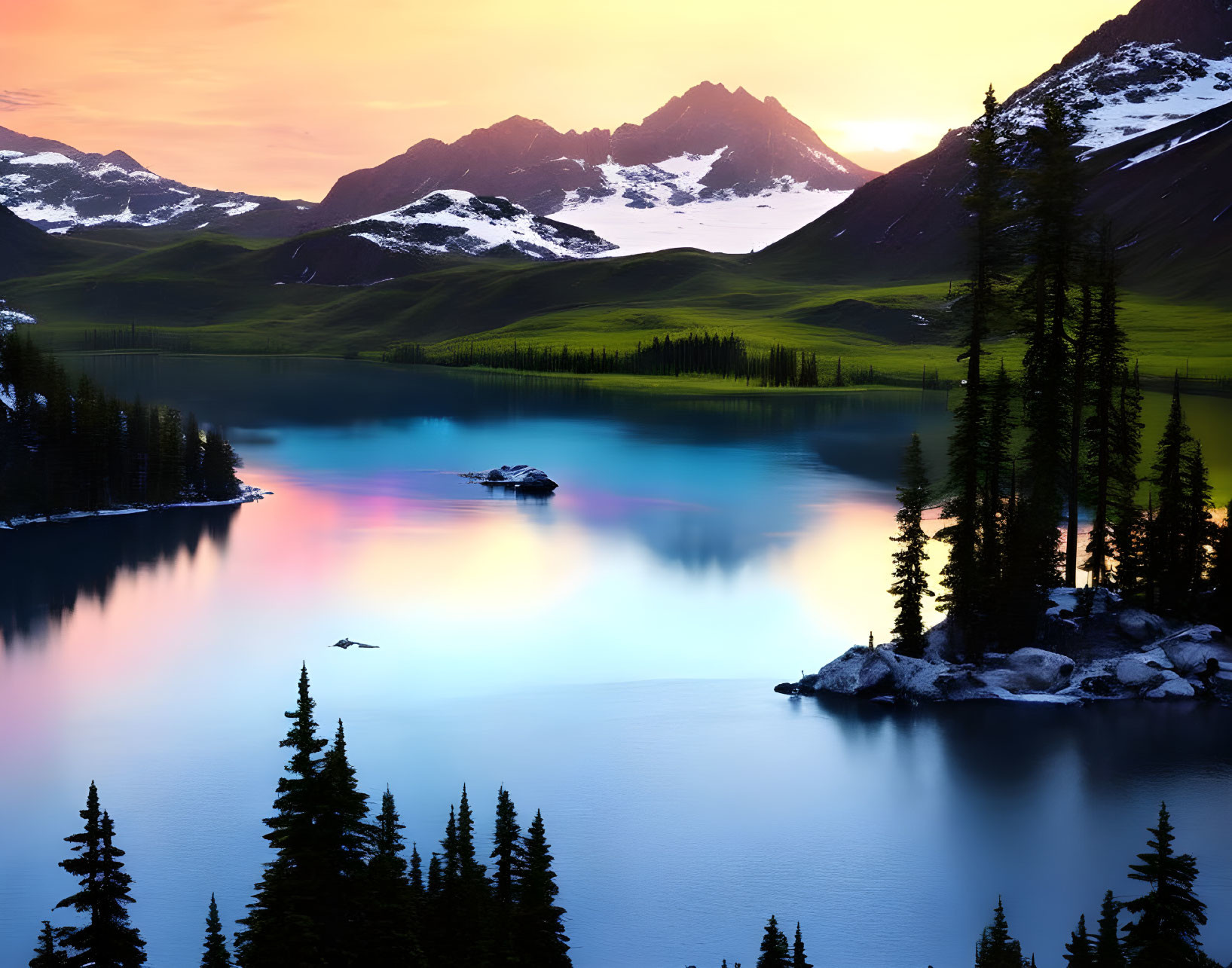 Scenic Alpine Lake Sunset with Blue Waters & Mountain Surroundings