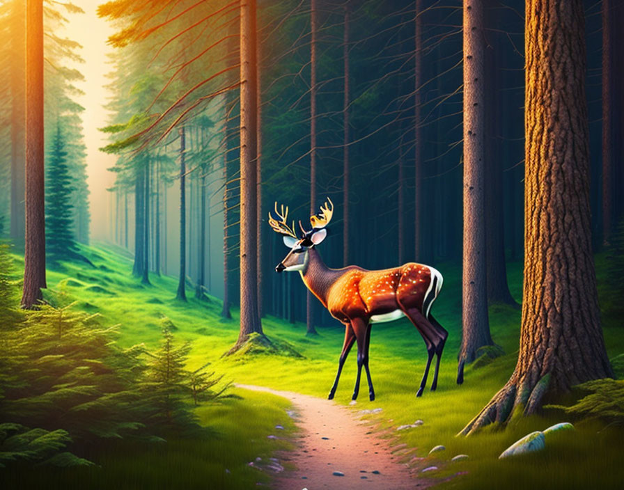 Majestic deer in forest setting with sunbeams