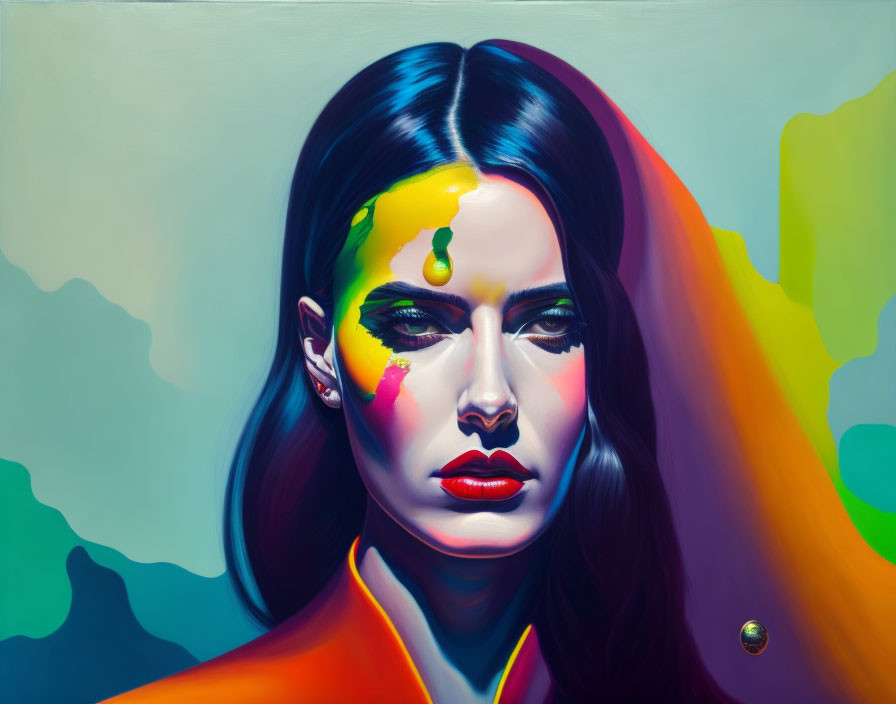 Colorful painting of a woman with flowing hair on stoic face in front of cool background