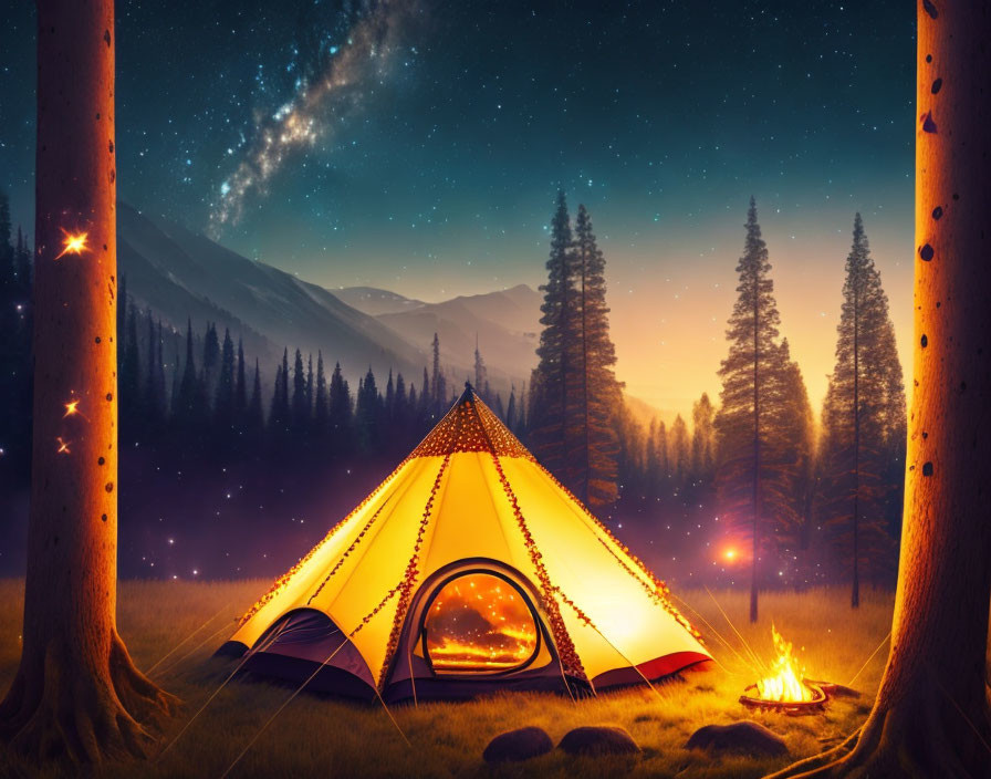 Starry Sky Camping Scene with Illuminated Tent