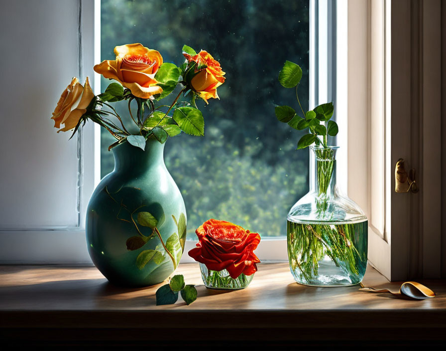 Orange Roses Bouquet in Green Vase Near Window, Sunlight on Single Rose in Water Jar