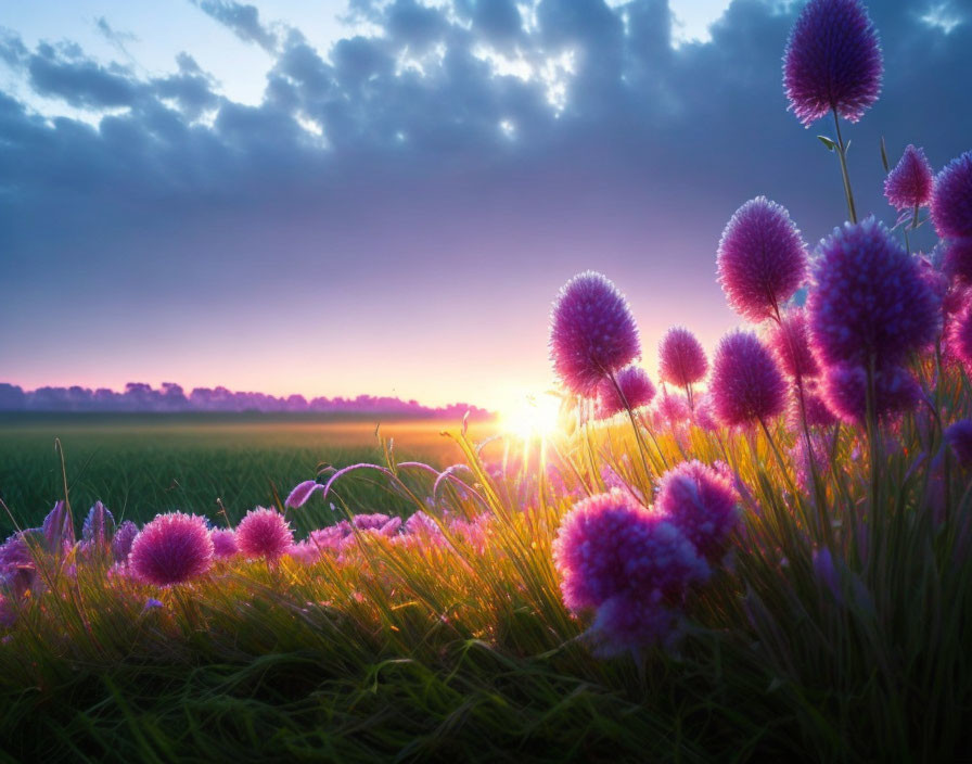 Vibrant purple flowers in lush field at sunrise